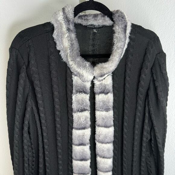 Ming Wang Black Faux Fur Cable Knit Cardigan Sweater Size 0X Glam Quiet Luxury - Picture 5 of 12